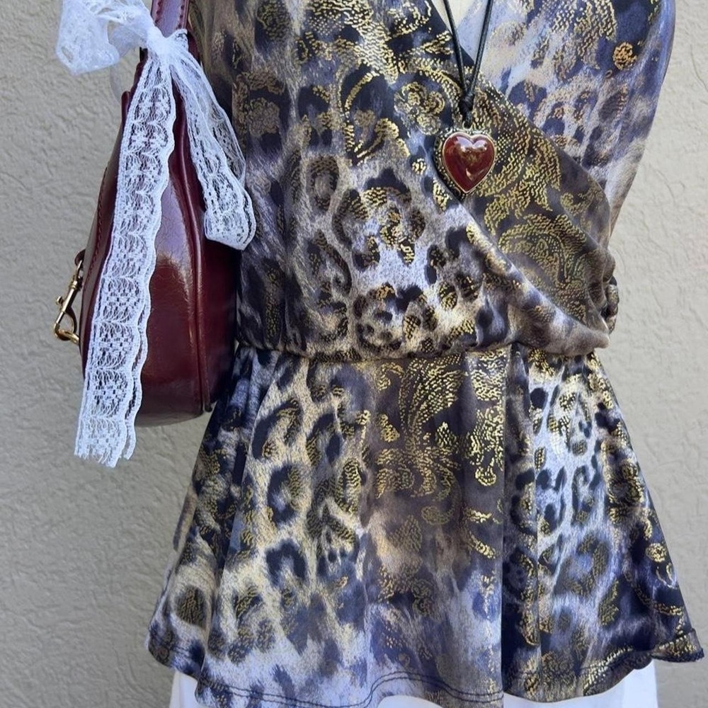 VENUS Y2K Leopard Print Gold Halter Peplum Top Size Medium Going Out - Picture 3 of 7